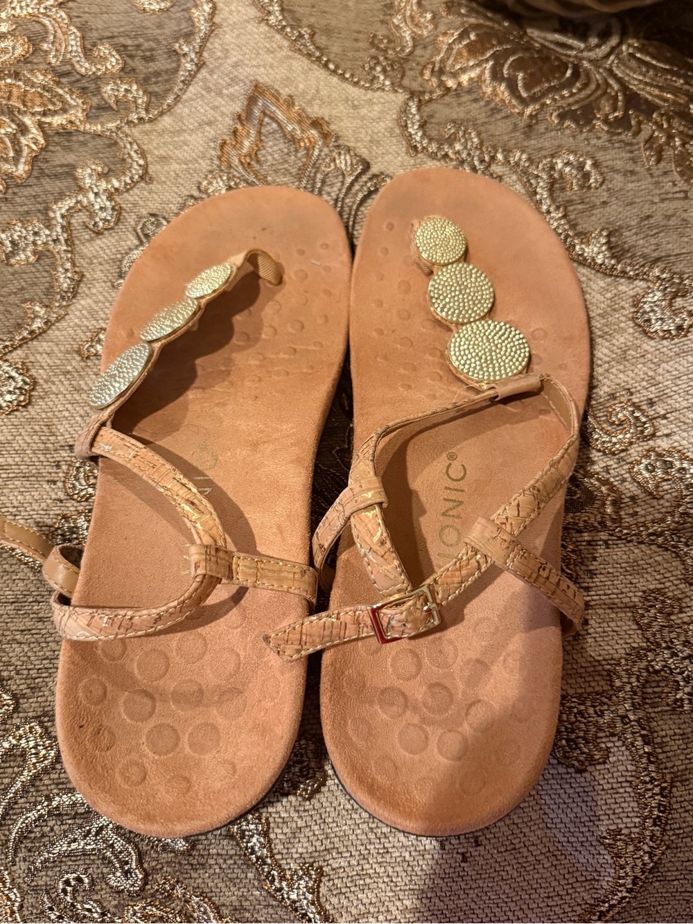 Vionic Tan Leather Thong Sandals with Gold Disc Accents